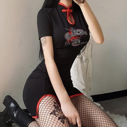 Dragon Cheongsam Dress 2020 Gothic Split Hip Stand Neck Hollow Out Chic Punk Dresses Chinese Style Goth Woman Embroidery Black