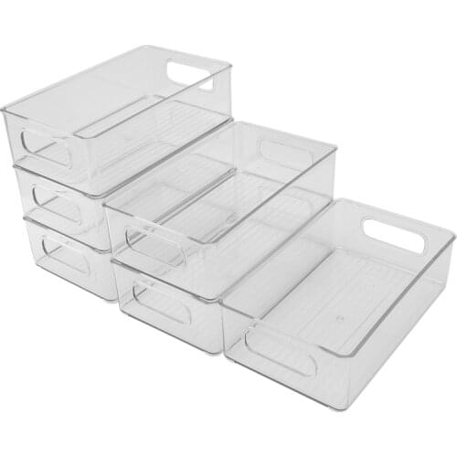 6Pcs Refrigerator Organizer Bins Stackable Fridge Organizers with Cutout Handles Clear Plastic Pantry Food Storage Rack
