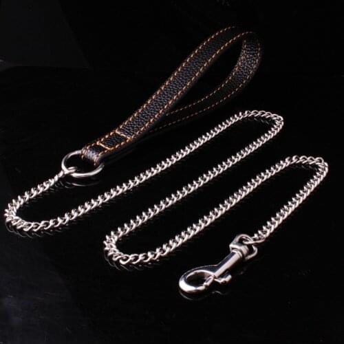 9mm Wide Fashion Black Leather Pet Dog Jewelry Leash Lead Silver Color Curb Chain For Walking Running 9inch+52inch High Quality