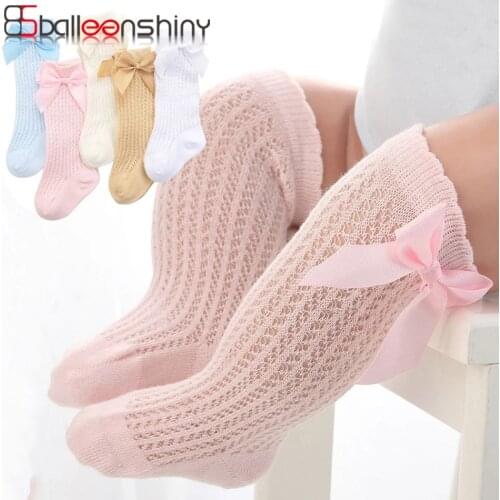 Balleenshiny Cute Bowknot Baby Socks Cotton Bows Baby Girls Knee Socks Spring Summer Mesh Kids Infant Toddler Knee High Socks