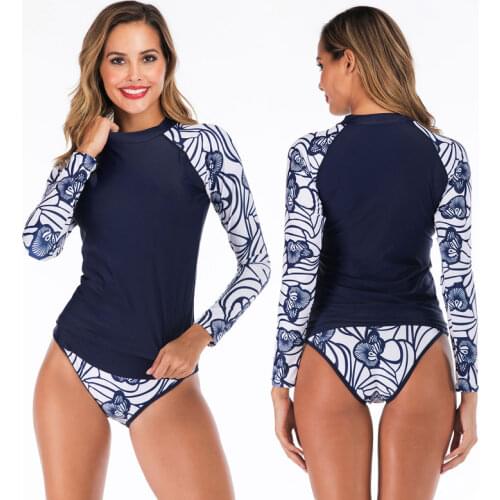 Long Sleeve Low Waisted Bikini, UV Protection Womens Print Rash Guards Shirt Long Sleeve Set 2 Piece Swimsuit Bathing Suits