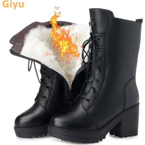 2020 new winter womens boots Genuine Leather Fashion Martin boots Warm wool booties High heels Black large size cotton shoes