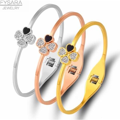FYSARA Crystals Clover flower Bangles & Bracelets for Women Female Jewelry Stainless Steel Cuff Bracelets Brand Gift