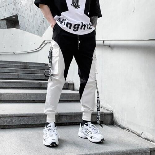 Streetwear Patchwork Cargo Pants Men Joggers Sweatpants Fashion Trousers Hip Hop Ribbon Design Harajuku Cargo Pant Male HG090