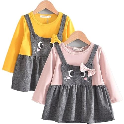 Autumn Spring Baby Girls Dresses Cute Cat Design Long Sleeve Vestidos For Toddler Girls Kids Cotton Birthday Party Clothes