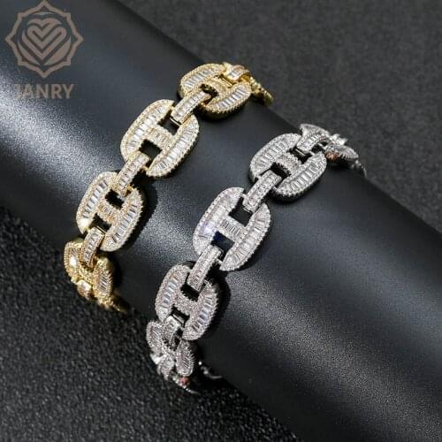 JANRY Miami 16mm Big Box Clasp Cuban Link Bracelet Charm Gold Silver Plated Iced Out Baguette Zircon Men Hip hop Jewelry