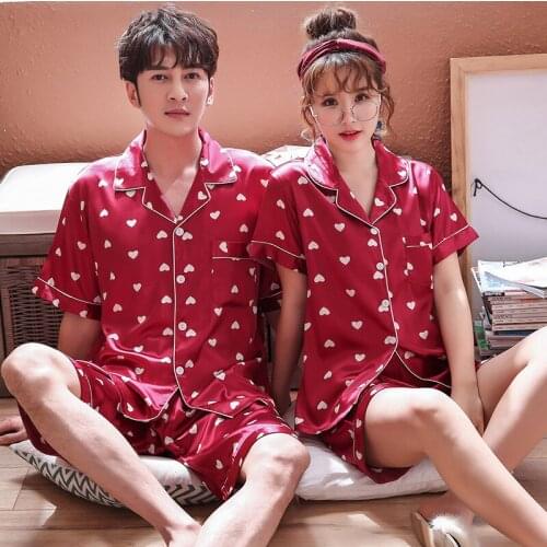 Couples Lovers Pajamas Sets Women Short-sleeved Summer Pyjama Loose Men Faux Silk Style Couple Pijama Set Sleepwear Top+ Pants