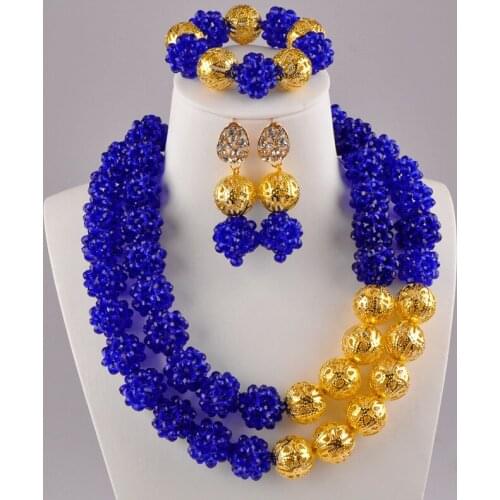 Royal Blue African Wedding Beads Jewelry Set Nigerian Necklace Sets Crystal Ball Beaded Jewelry