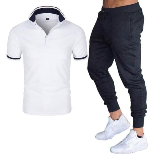 3XL Summer Color contrast High Quality Casual Sports Suit mens Short Sleeve POLO Shirt + Pants Suit Short Sleeve T-shirt + Pant