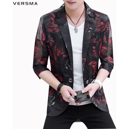 VERSMA New Red Flower Print Half Sleeve Bomber Jacket Coat Mens See Throug Transparent Biker Jackets Coats Men Free Shipping 3XL