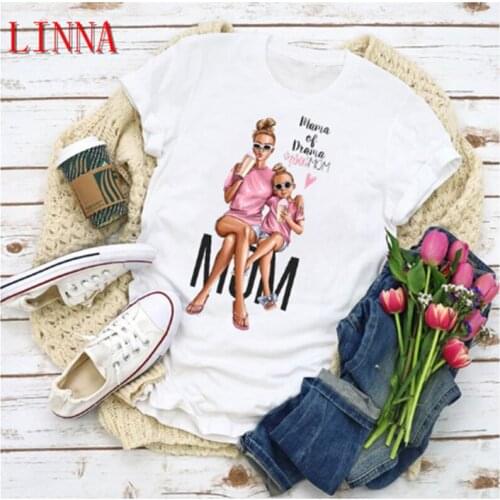 LINNA Graphic Women Cartoon Mom Kids Fashion Y Print Summer Love Lady Clothes T-shirt Women Clothing T-shirt Woman T-shirt