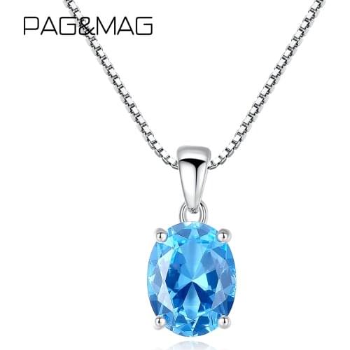 PAG&MAG Elegant Blue Topaz Oval Shape Pendant Necklace For Women 925 Sterling Silver Choker Necklace For Women Collares Mujer