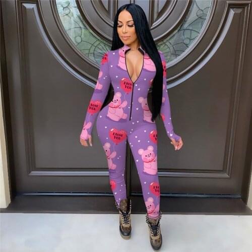 Sexy Women Bodysuit Spring Valentine Day Print Long Sleeve Zipper V Neck Bodycon Stretch Leotard Romper Women Jumpsuit Overalls
