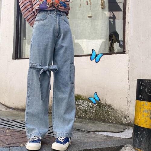 2021 HOT Spring Womens jeans Korean version Schoolgirl Bow Wide leg jeans High waist Show thin Straight pants All-match fashion