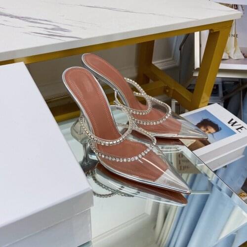 Casual Designer fashion women shoes real leather pvc clear Transparent point toe high hees sandalias de las mujeres mujer 2021