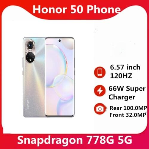 In Stock Honor 50 5G Smart Phone 100.0MP Rear Camera 6.57" 120HZ Full Screen 66W Super Charger Snapdragon 778G OTA NFC Dual Sim