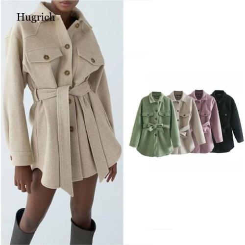 Women 2021 Fashion with Belt Loose Woolen Jacket Coat Vintage Long Sleeve Side Pockets Female Outerwear Chic Overcoat trf