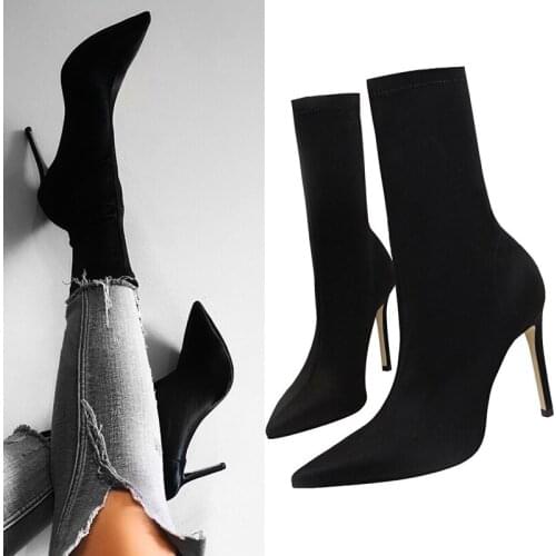 High Stiletto Heels Boots Women Sexy Pointy Toe Sock Shoes Lycra Pumps Mid Calf Spring Summer Stretchy Booties 9.5 cm
