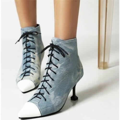 PXELENA NEW Sexy Strange High Heels Denim Ankle Boots Women Lace Up Office Lady Work Party Shoes Large Size 34-48 Patchwork Blue