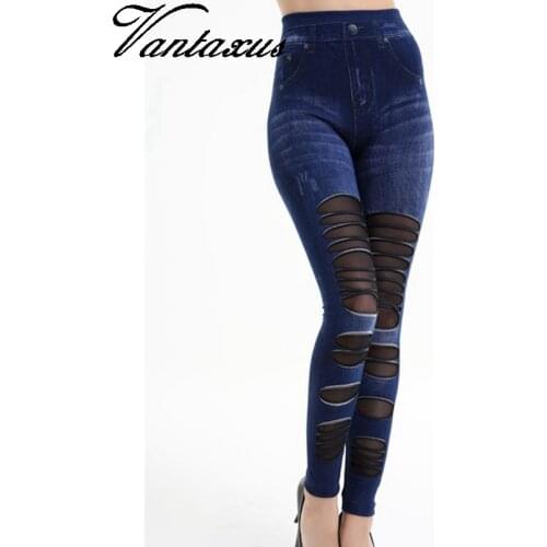Women ripped striped skinny leggings lady slim immitation jeans Pants summer mesh and fabric patchwork leggings