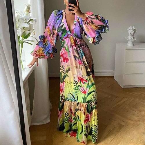 Women Plus Size Dresses Floral Print Ruffle Long Sleeve High Waist Deep V Neck Slim Sexy Princess Dresses