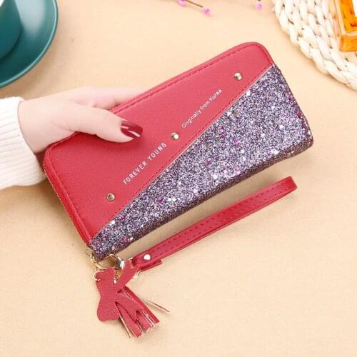 Korean Version Female Long Clutch Stitching Contrast Tassel Zipper Women Wallet Soft Leather Large Capaciy Multi-function Purse