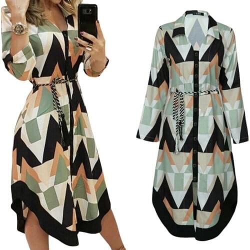 Ladys Fashionable Sexy Wave Print Dress, Lapel Long Sleeve Lace-up Button Shirt Skirt, Daily Life Spring Autumn