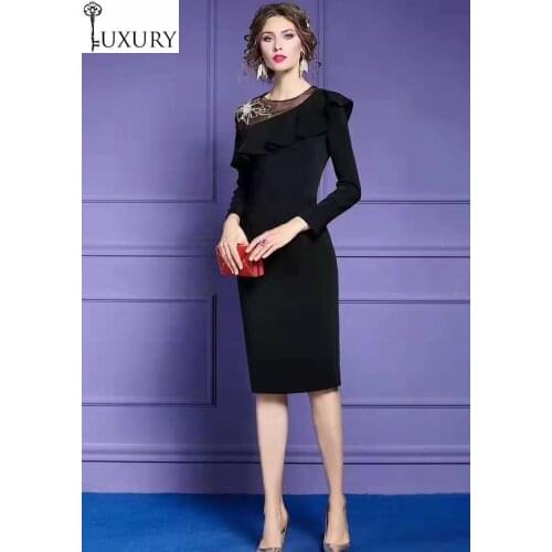 High 2020 Spring Bodycon Quality Women Sexy Sheer Mesh Beading Patchwork Long Sleeve Dark Green Black Pencil Dress Festa