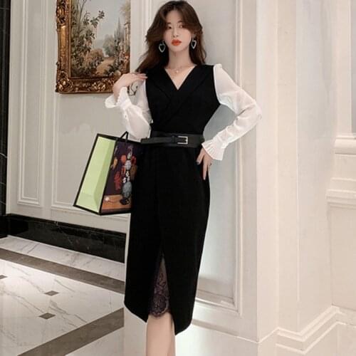 Korean Edition 2021 Spring High-end Womens Dress Fashion New Pattern V Collar Long Sleeves Chiffon Splicing Dress Lace Dress