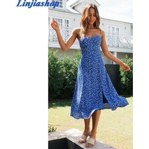 Vintage blue spaghetti strap midi dress women zipper elastic lining floral print beach summer autumn long party dress