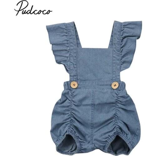 2019 Brand Summer Newborn Baby Girls Ruffles Romper Jumpsuit Denim Fly Sleeve Pleated Sunsuit Outfits Baby Clothing 0-24M