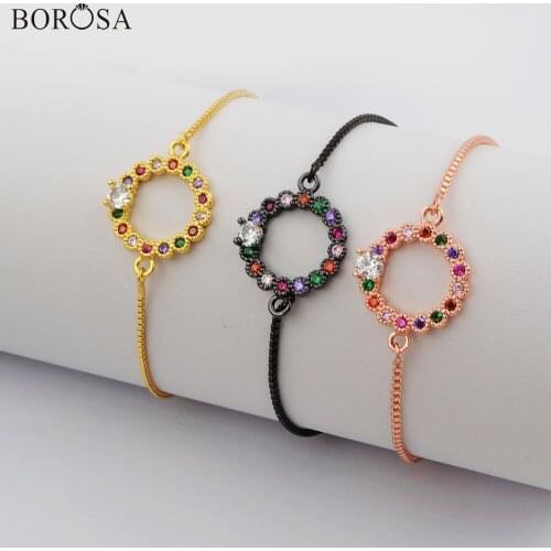 BOROSA 10/20PCS Round Shape Rainbow CZ Micro Pave Connectors 10inch Adjustable Bracelet Circle Women Bracelet Jewelry WX1144-B