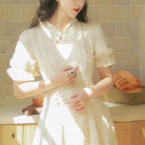 Vintage Improved Cheongsam Classic V-Neck Dress Women 2021 Summer New French Bright Solid Color Mid-Length Vestido Female