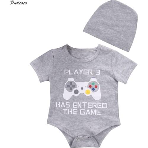 Pudcoco Baby Bodysuit Short Sleeve Summer Newborn Baby Boy Girl Bodysuit with Hat Printed Kids Baby Playing Bodysuits 9M-24M