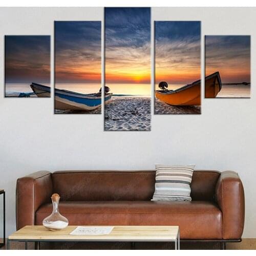 Canvas Paintings Home Decor Wall Art framed 5 Pieces Fishing Boats On Beach At Sunset Posters Living Room HD Prints Picture