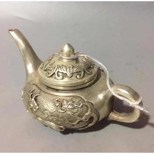 Chinese Tibet Copper Carved Pine Tree Bat Deer Long Mouth Teapot Water Pot Wine Pot Bronze Statue Copper Pot Healthy Decoration