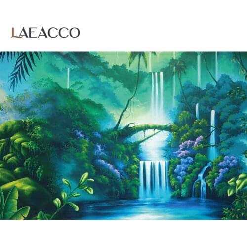 Laeacco Watercolor Pattern Tropical Forest Waterfall Lake Tree Jungle Scenic Photographic Background Photo Backdrop Photo Studio