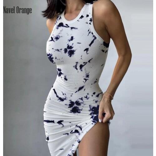 Summer Women O-Neck Sheath Mini Dress Chinese Style Sleeveless Slim Party Dress Tie dye Printing Elegant Female Dress Vestidos