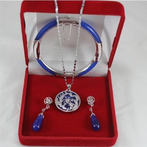 Fashion silver plated micro inlaid Panlong Blue Jade Pendant + all Blue Bracelet + lucky Earring Set