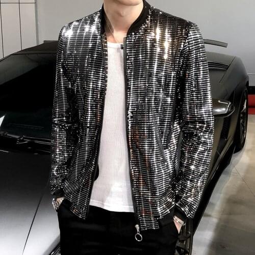 Men Shiny Sequins Long Sleeve Zip Pocket Nightclub Singer Jacket Coat