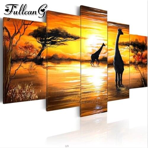 FULLCANG 5 piece diy diamond painting abstract sunset giraffe elephant full square round drill mosaic embroidery animals FC3027