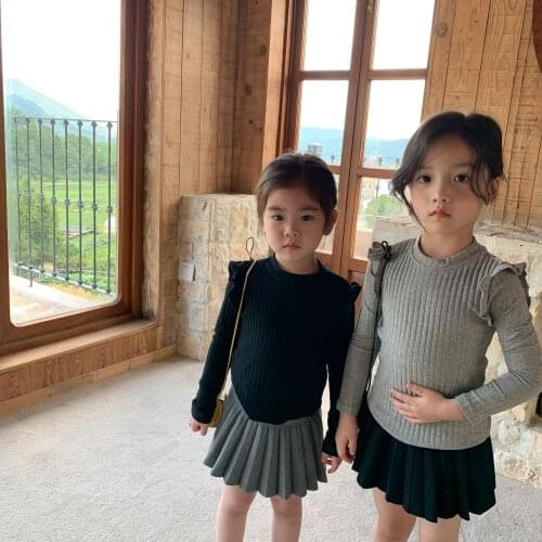 2021 New Arrival Autumn Girls T-shirt Ribbed Cotton Blouse Ruffles Bottoming Long-sleeve Tee Children Clothing Girls Clothes