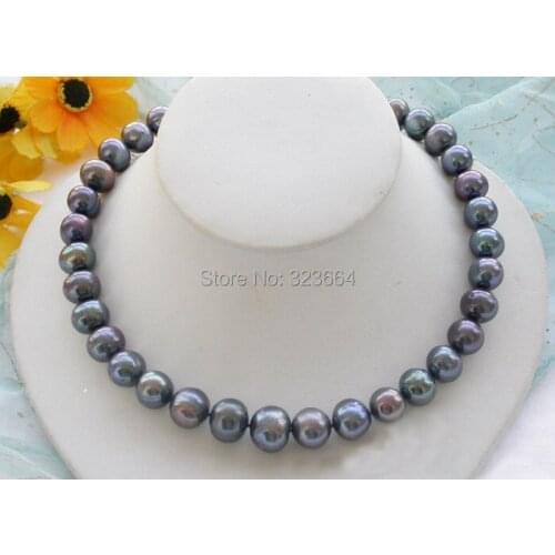 HUGE REAL 17" 15mm ROUND peacock black PEARL NECKLACE