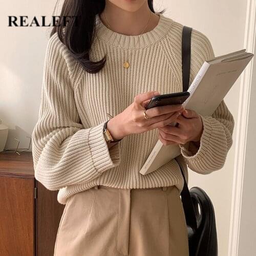 REALEFT Autumn Winter Solid Loose Warm Womens Knitted Pullover Sweater 2021 New Long Sleeve Casual O-Neck Sweaters Female Tops