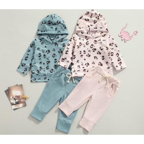 Citgeett Autumn Infant Baby Girls Boys Clothes Sets 2pcs Leopard Printed Ear Hooded Pullover Tops PantsSpring Suit 0-3Y
