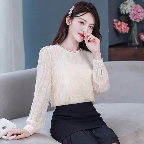 Autumn new style Korean temperament lace shirt, mesh splicing chiffon shirt, goddess fan bottoming shirt top