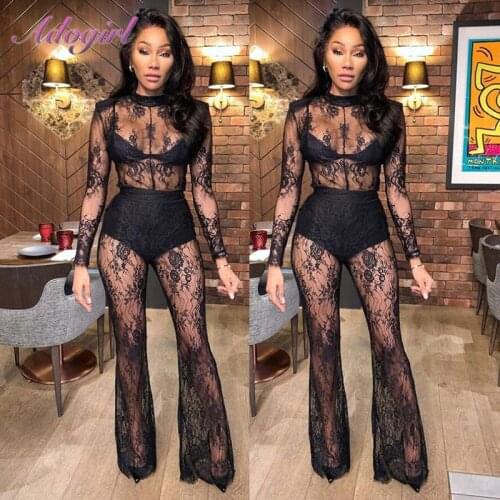 Sexy Floral Organza Lace Sheer Mesh Patchwork See Through Party Club Jumpsuit Women Long Sleeve Turtleneck Outfit Rompers Overal