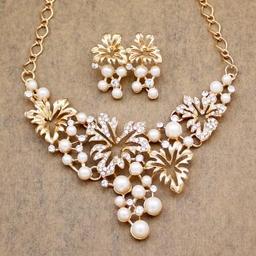 Gold Silver Plated Jubilee Romance Flapper Gatsby Flower Leaf Pendant Pearl Bridal Prom Bib Necklace + Earrings Jewelry 2020 New
