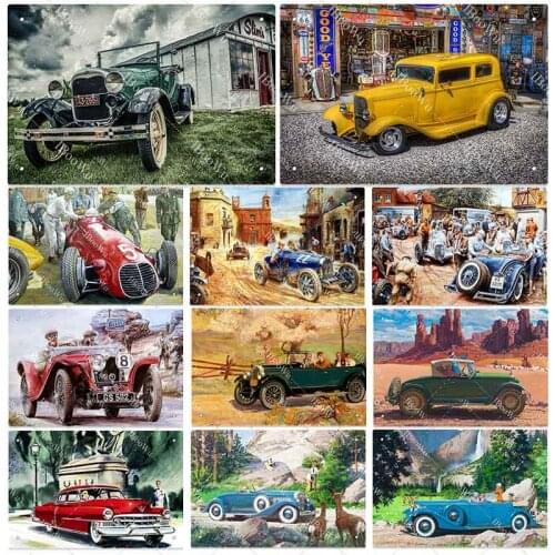 Retro Car Metal Poster 80s Car Oil Painting Vintage Tin Signs Plate For Bar Pub Garage Chess Room Home Wall Decor 20x30cm
