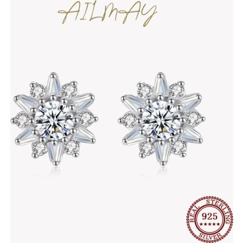 Ailmay 100% 925 Sterling Silver Sun flower Fashionc Stud Earrings For Women Classic Luxury Wedding Accessories Jewelry GIFT